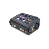 Dual AC/DC battery charger with LCD display and cooling fan, black