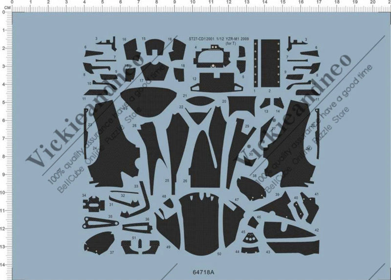 Black water-slide decal sheet with many cutout parts for Yamaha 1/12 motorcycle model