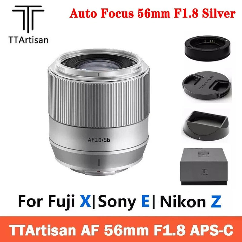 TTArtisan 56mm F1.8 Auto Focus Camera Lens Fr Sony E Nikon Z Fuji X Mount Silver