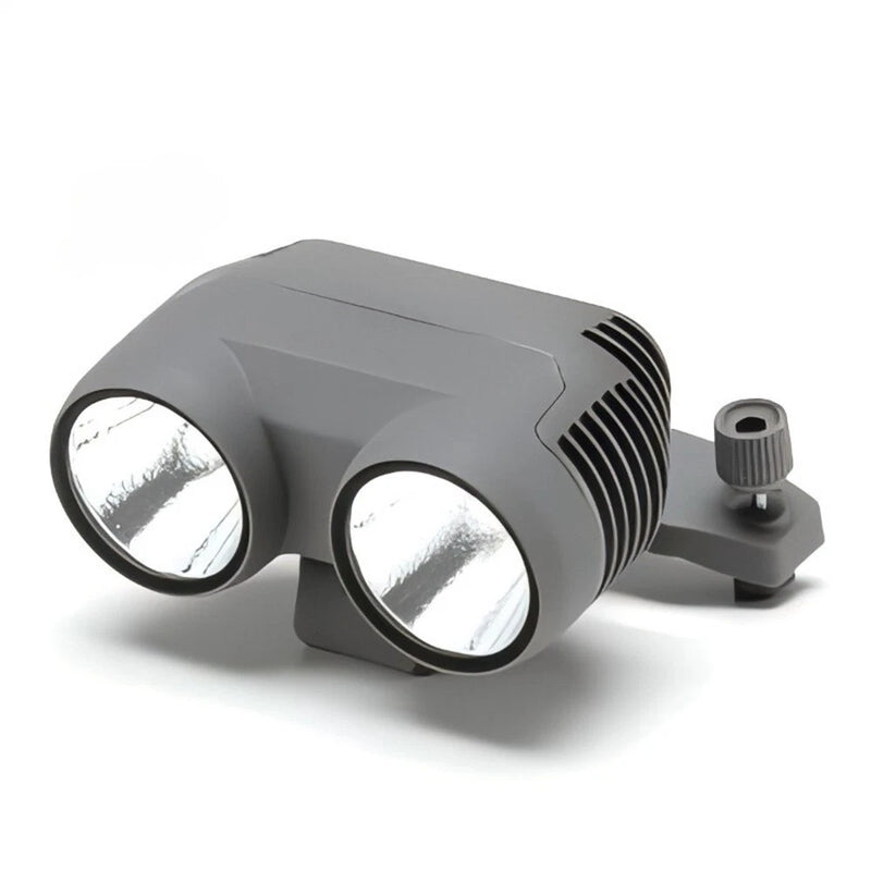 Gray dual-lens drone spotlight with side vented grille and adjustable mount