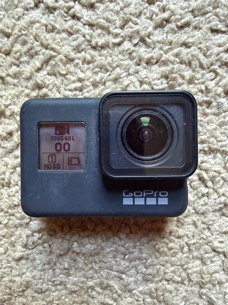 GoPro HERO7 Black action camera front with large lens and small status screen