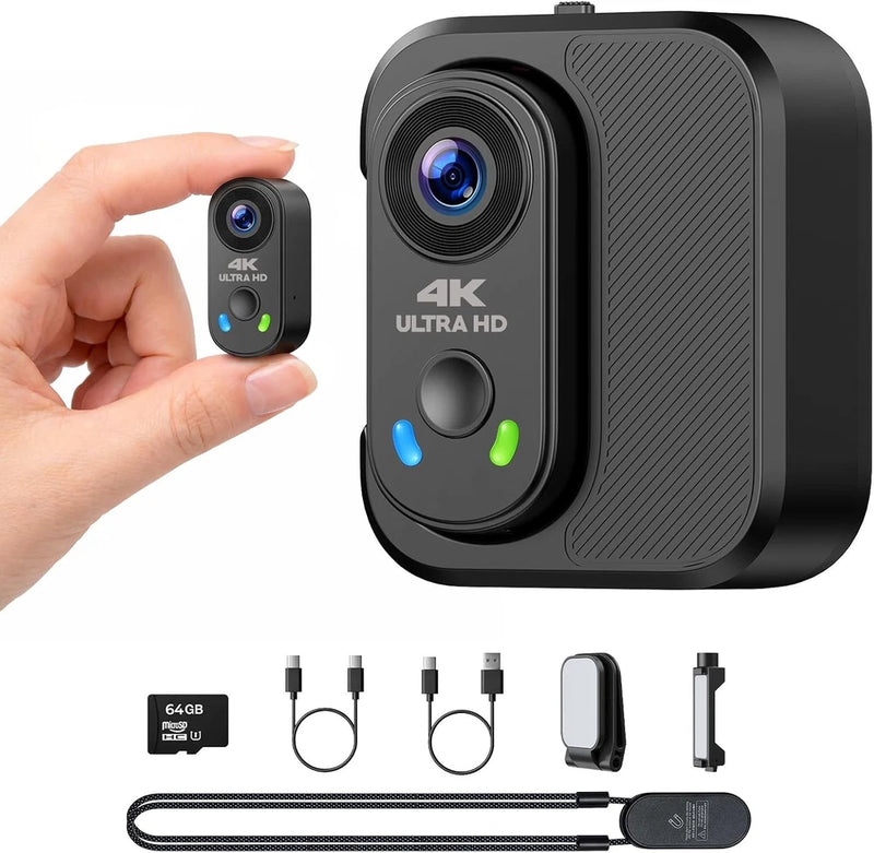 64GB 4K/1080P Mini Body Camera, Wearable POV Action Cam, Thumb-Size Hands-Free