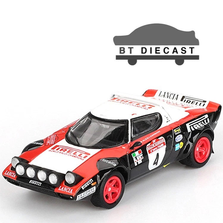 MINI GT Lancia Stratos HF die-cast rally car model, red and white, 1/64 scale