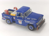 Blue 1956 Chevrolet 3100 die-cast pickup truck with Mobil service decals, front 3/4 view.