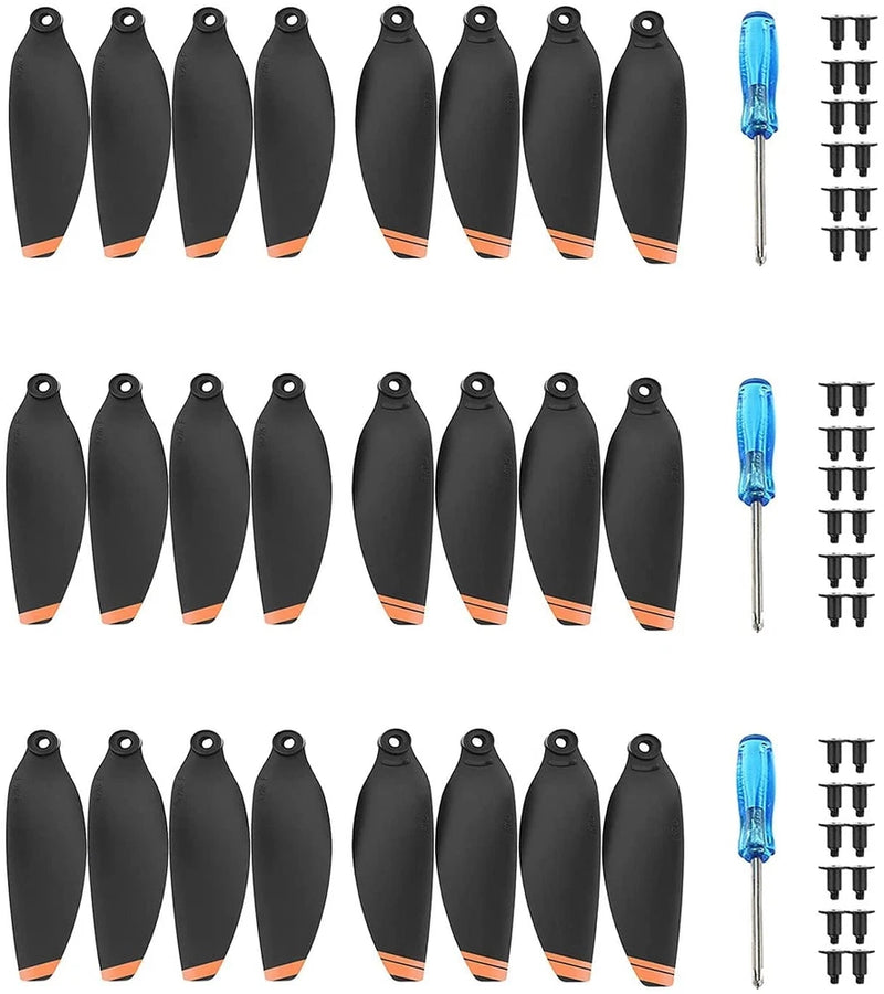 Drone propeller set with 8 black blades and orange tips, plus screws and tool