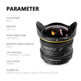 KamLan 8mm F3.0 Manual Focus Wide Angle Lens for Canon Fujifilm X Sony E-mount