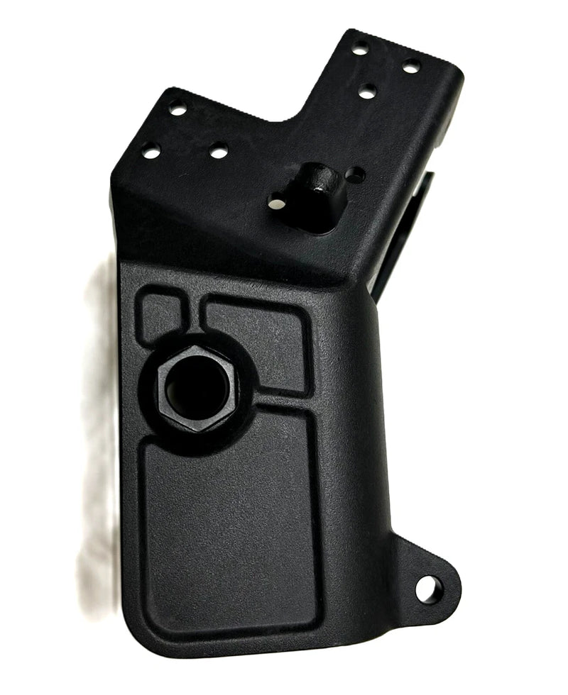 Black plastic aircraft arm connector bracket with mounting holes and circular port