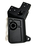 Black plastic aircraft arm connector bracket with mounting holes and circular port