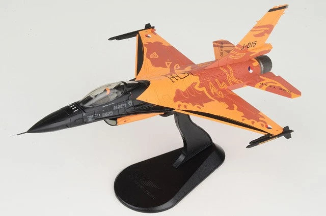1/72 F-16 model airplane with orange camouflage finish on black display stand