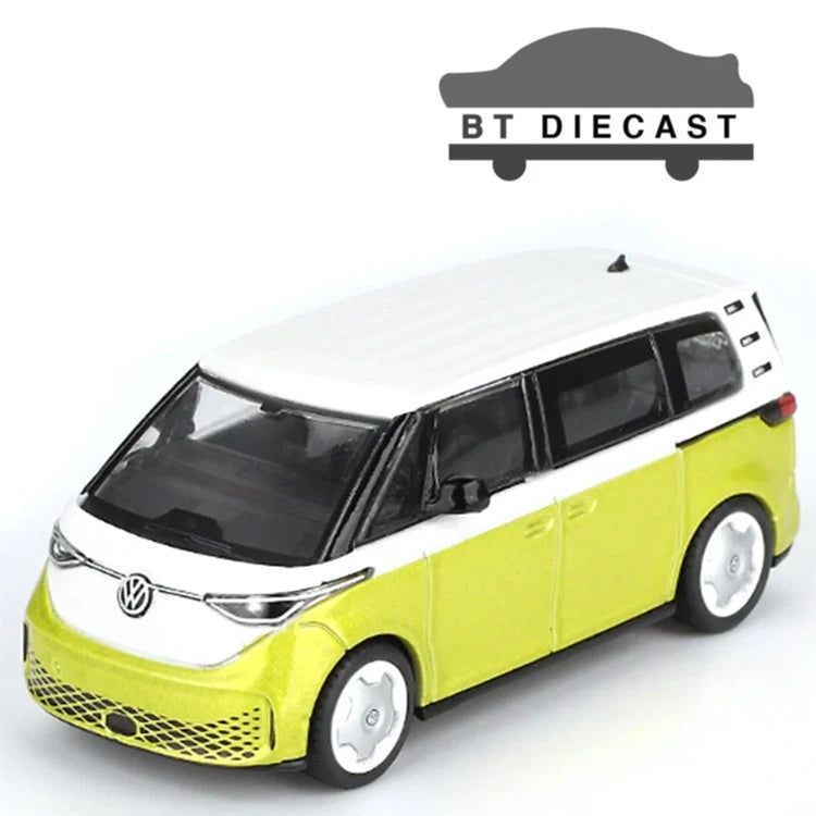 MINI GT die-cast Volkswagen ID. Buzz van, yellow body with white roof and detailed wheels