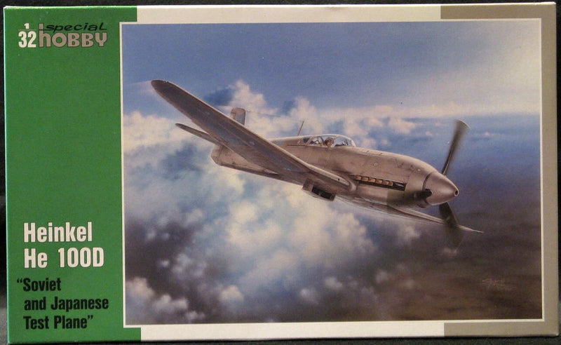 1/32 scale Heinkel He-100D test plane model kit, propeller aircraft on box art