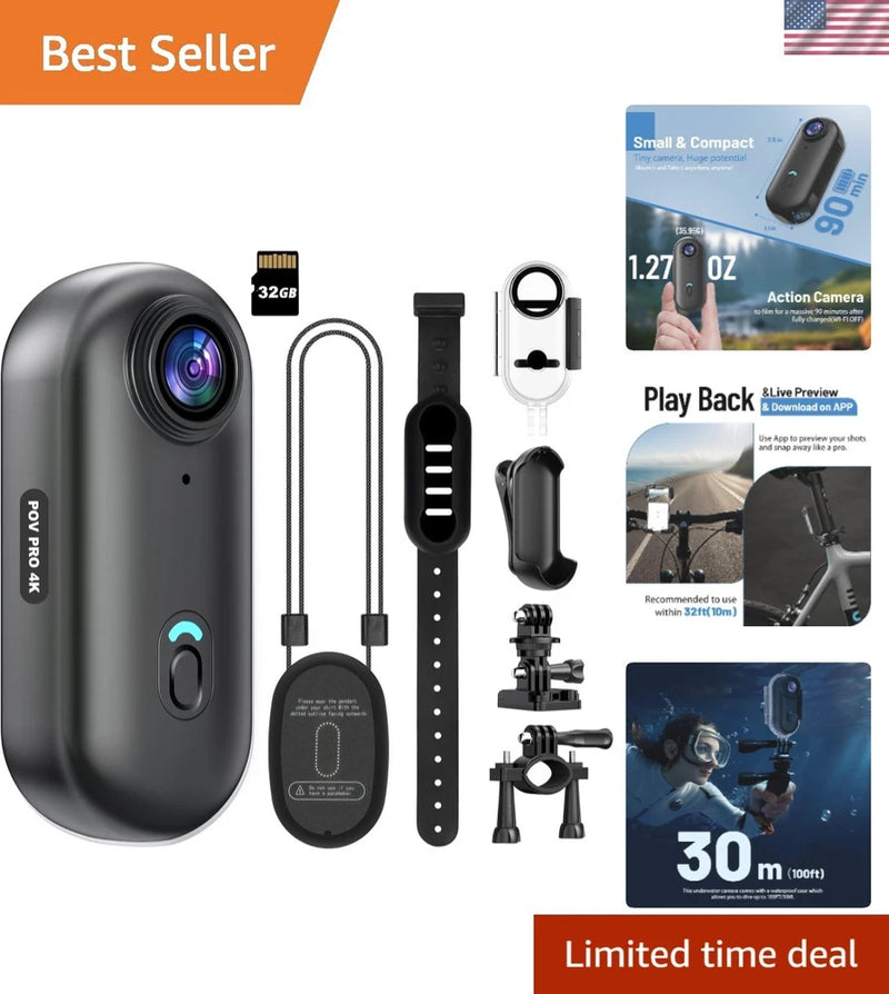 4K Mini WiFi Action Camera 32GB Thumb POV Portable Body Cam Wearable Video Re...