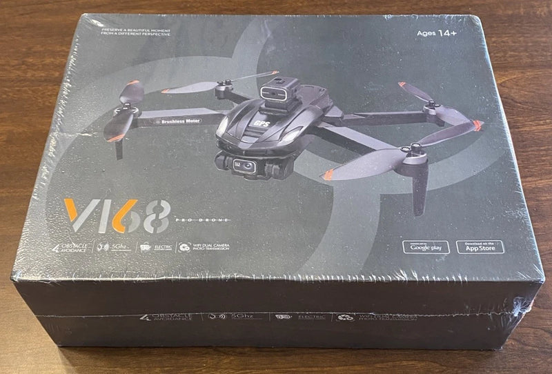 V168 Pro drone retail box with quadcopter graphic and camera/GPS callouts