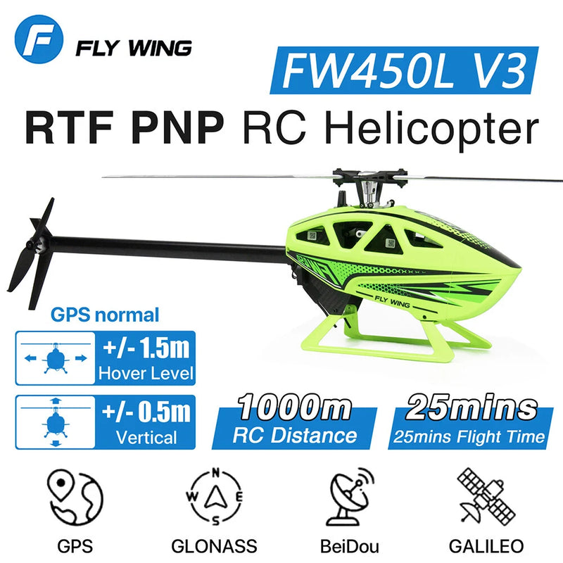 Green RC helicopter drone with visible rotor blades and GPS antenna