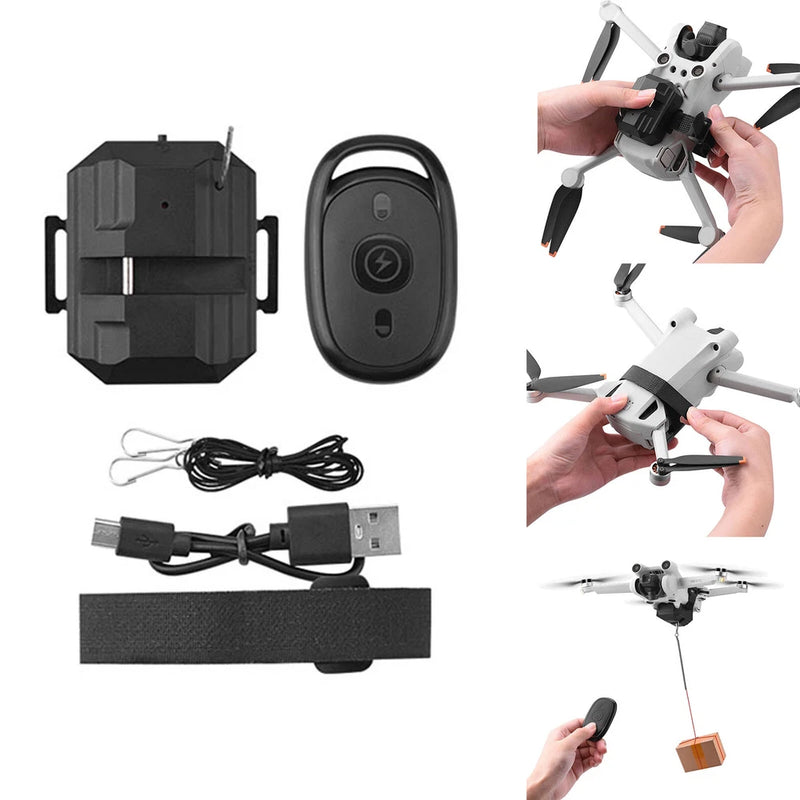 Universal drone air-drop thrower kit with black mount, remote, and cables