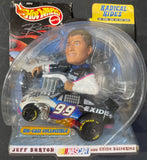 Die-cast race car model with driver figure, No. 99 Exide, blue body in clear blister