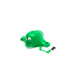 Green FPV drone canopy shell with mounting hardware and small parts