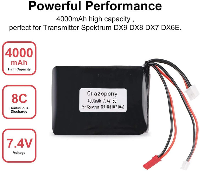 2S 7.4V 4000mAh LiPo battery pack with JST balancer connector and lead wires