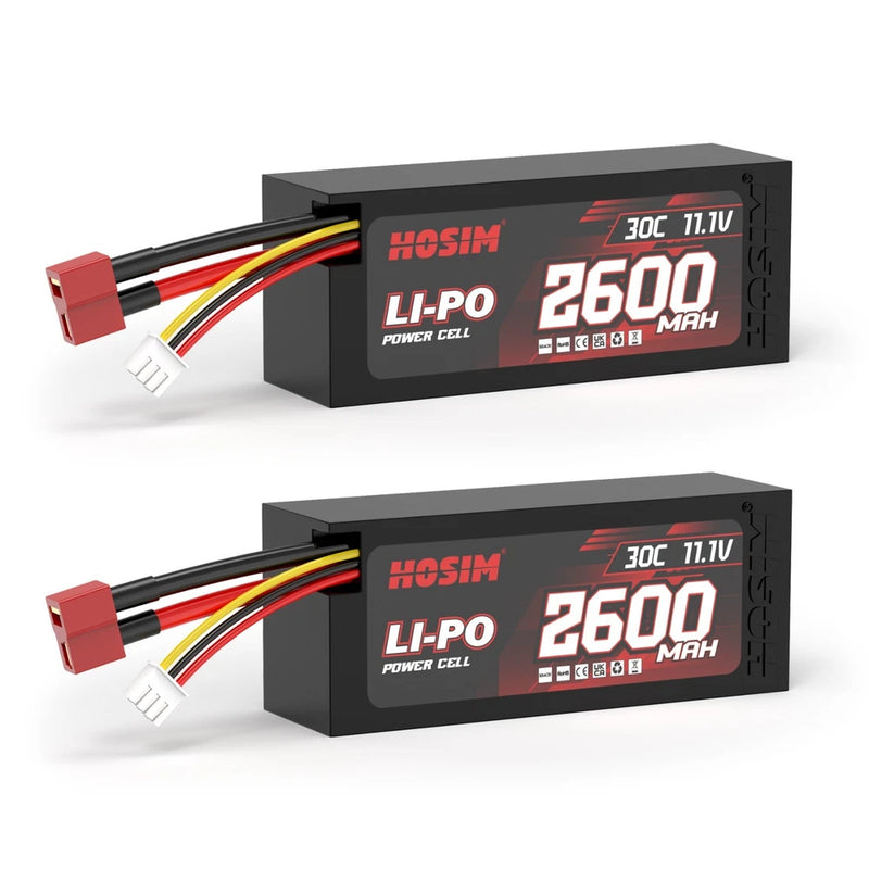 RC car Li-Po battery set (2) with 11.1V 2600mAh, black packs and red/white leads