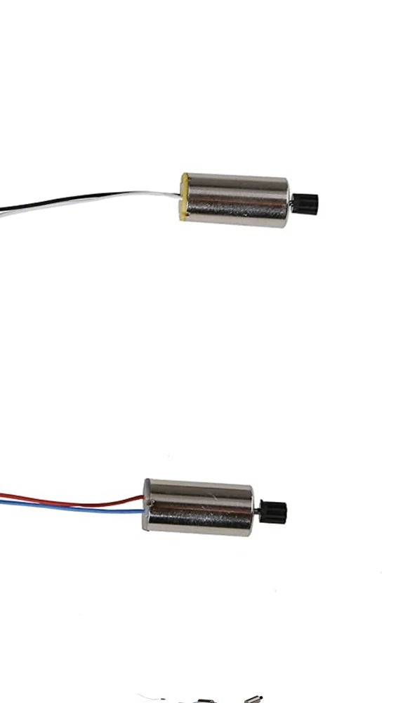 RC quadcopter motor with cylindrical metal body and black shaft, wired lead