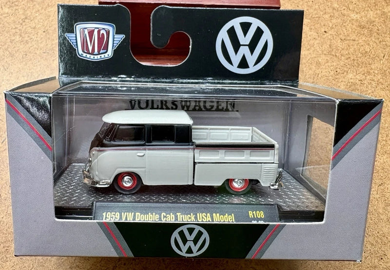 M2 Machines die-cast 1959 VW Double Cab truck model, white/silver, in retail box