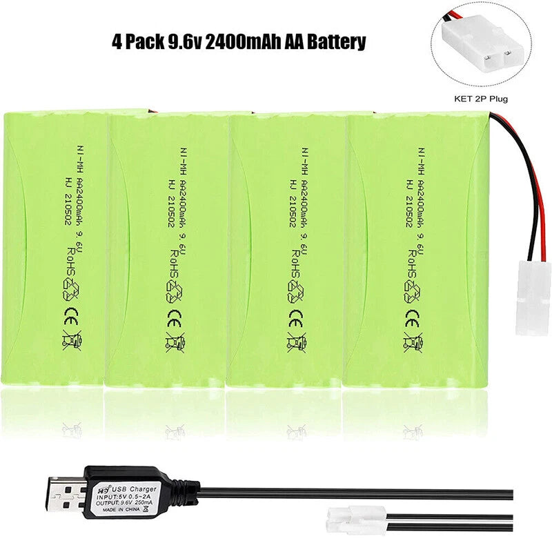 4x NiMH Battery 9.6V 2400mAh Battery Tamiya Male with USB Charging Cable for RC