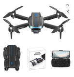 RC quadcopter drone with dual cameras, foldable propellers, and controller