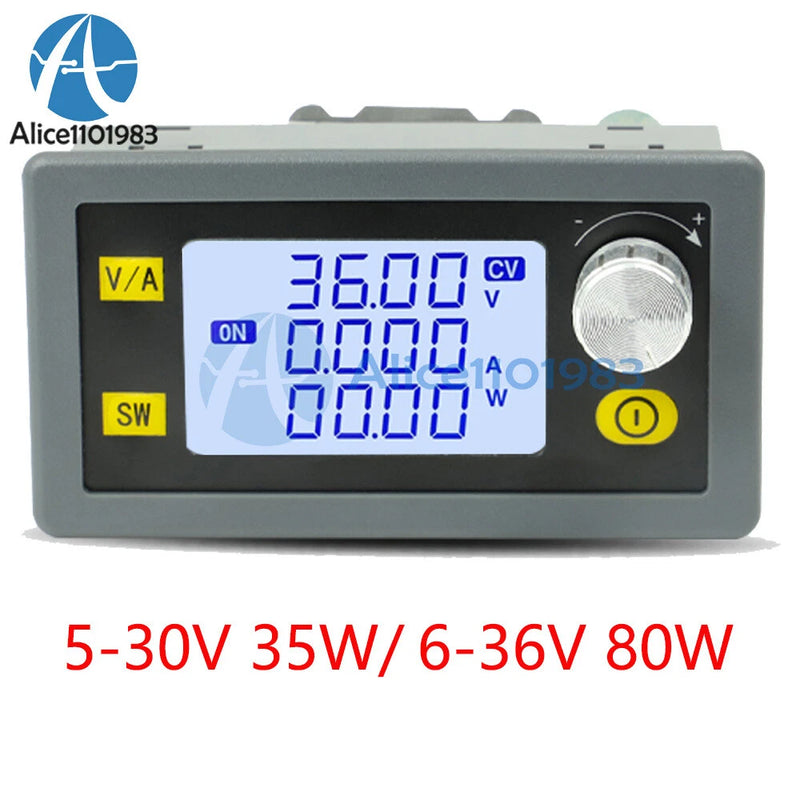 Digital DC buck boost converter with LCD display, mode buttons, and power knob