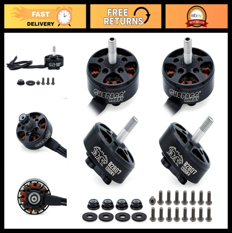FPV brushless drone motors set of four, black cylindrical with silver shafts and screws