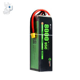 LiPo battery pack with red/black leads and yellow connector, labeled 8000mAh 22.2V