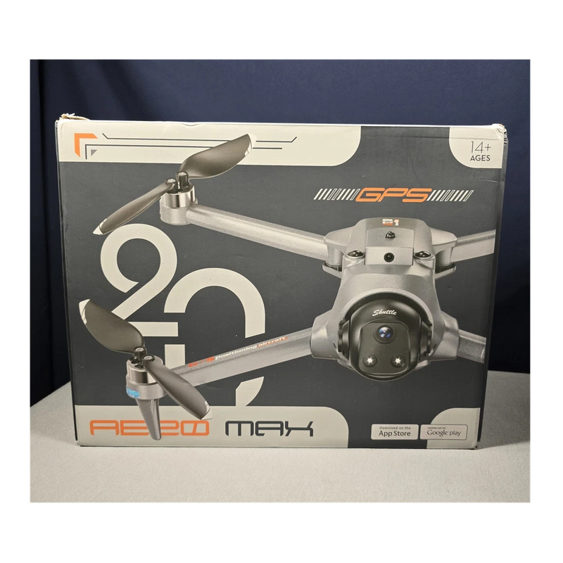 GPS quadcopter drone box with four propellers and front camera lens