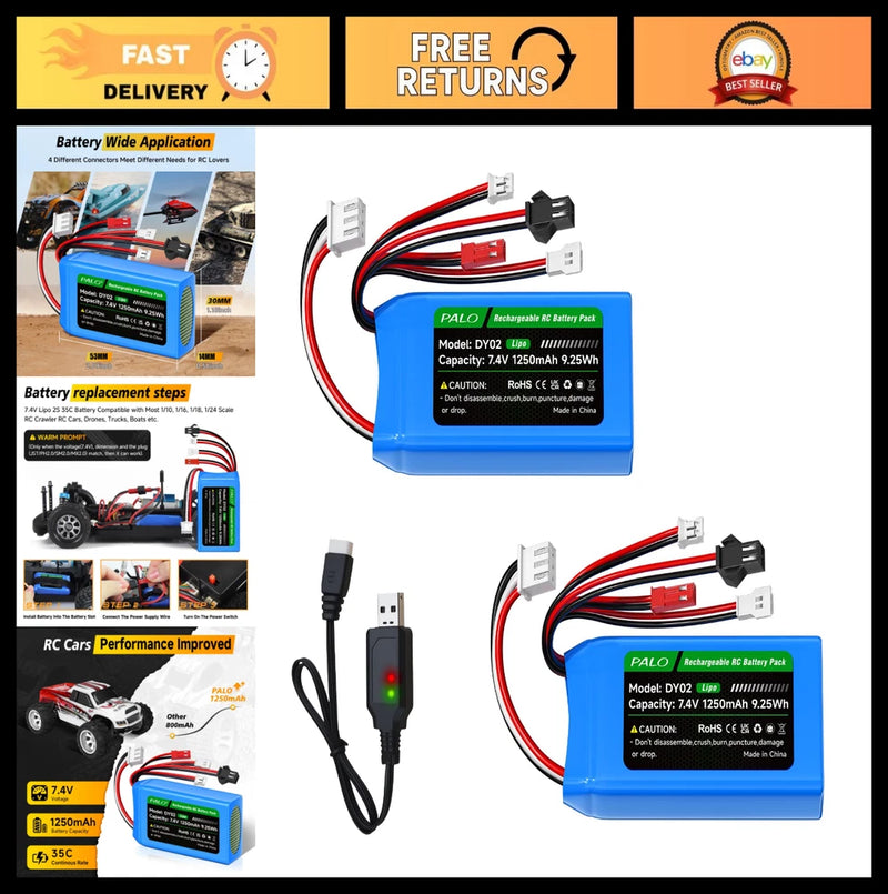 2 Pack 7.4V 1200mAh 35C Lipo Batteries for RC Cars, Trucks, Drones, Crawlers Battery