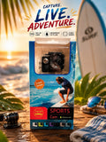 Black sports action camera box with 2-inch screen, waterproof 30m, 1080p