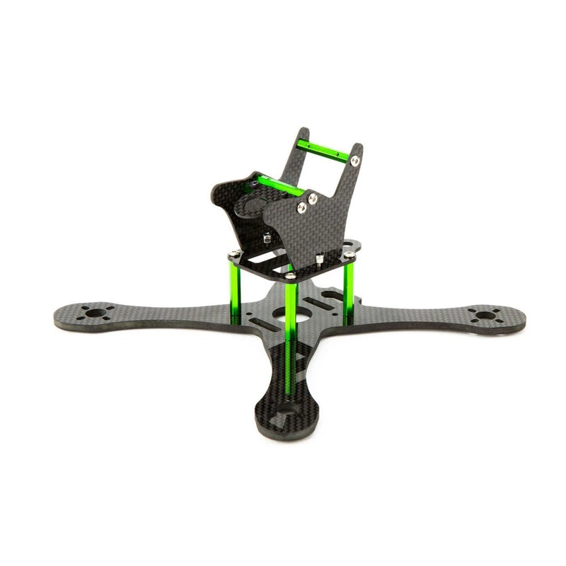 FPV racing drone kit with carbon-fiber frame, four arms, and green 5-inch props