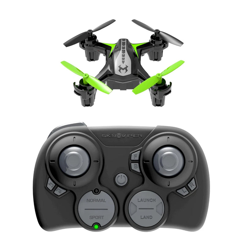 Sky Viper Dash Nano drone with lime-green propellers and black controller with buttons