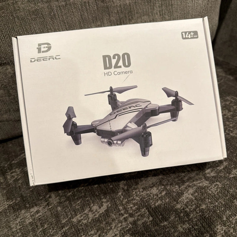 DEERC D20 HD camera drone box with foldable quadcopter illustration