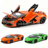 Diecast sports car model with orange body, raised doors; green version also shown