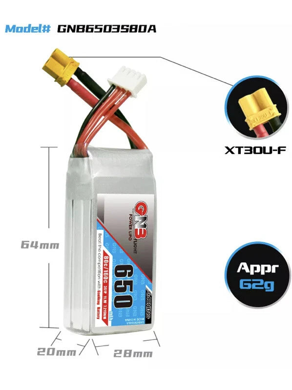 GNB Gaoneng 3s 650mah 80c/160C XT30 Lipo Battery Blade Infusion180 Battery