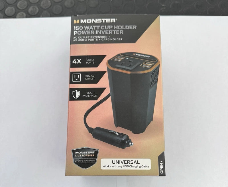 Monster 150W Car Power Inverter- DC 12V to 110V- 1 AC Outlet Converter 2X USB-A