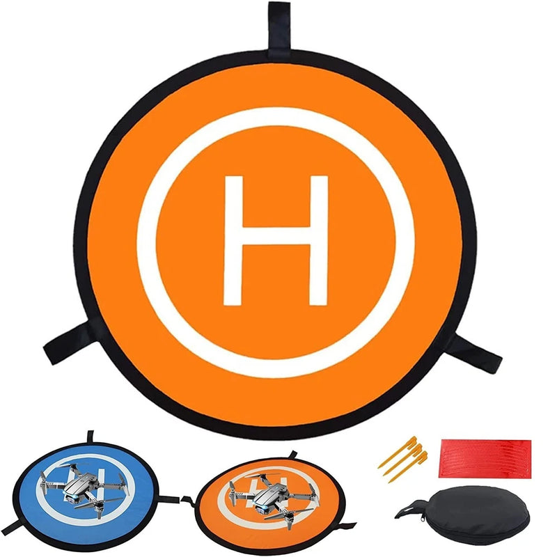 Orange foldable drone landing pad with black edge, white H symbol, carrying straps and pouch