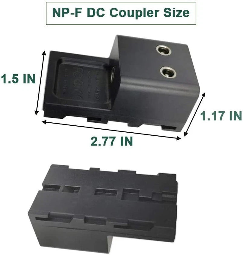 Black DC power coupler adapter with NP-F style connector and two mounting holes