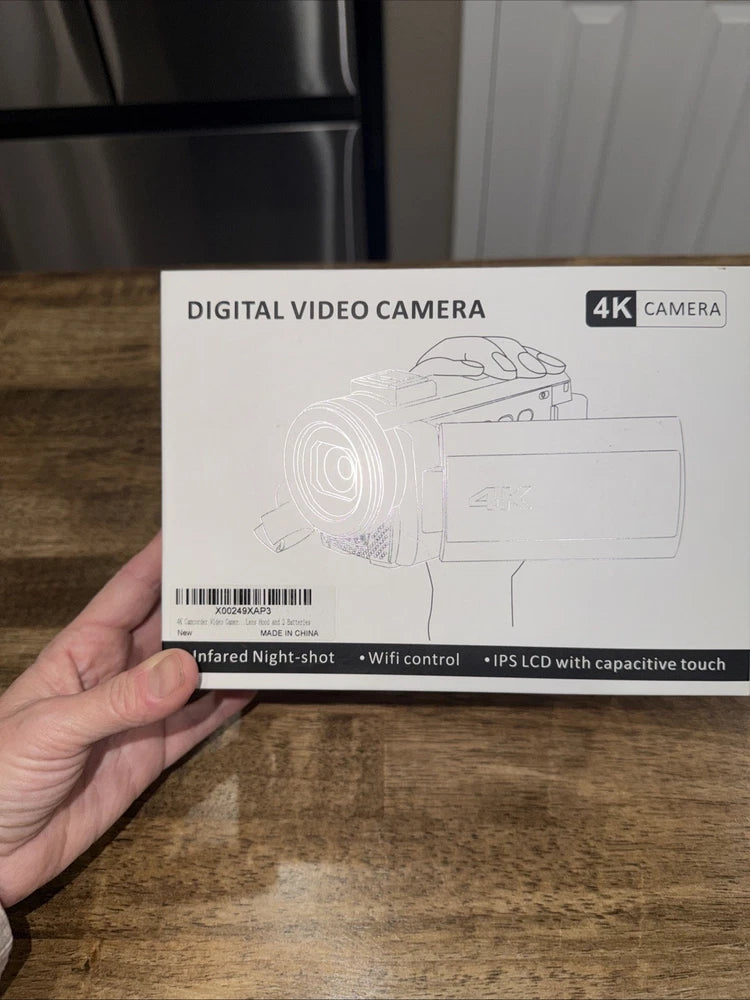 4K digital video camera retail box with screen, Wi‑Fi, IPS touch labels