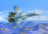 1/48 scale Su-27 Flanker fighter jet model, gray with camouflage tail