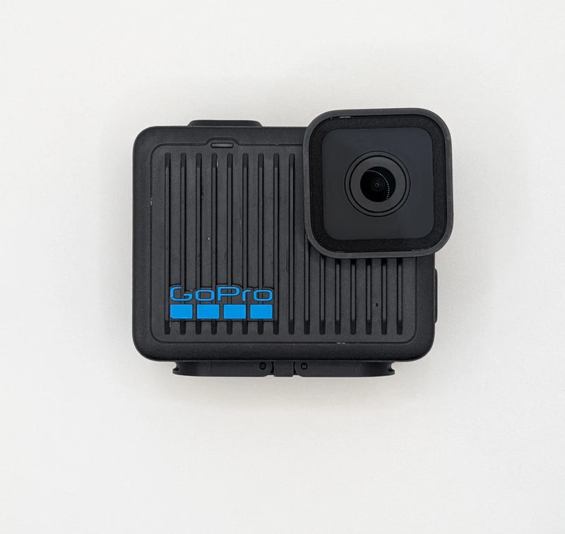 Black GoPro action camera housing with front lens and blue logo detail