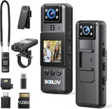 Mini body camera with front display and blue lens, dark gray handheld action cam