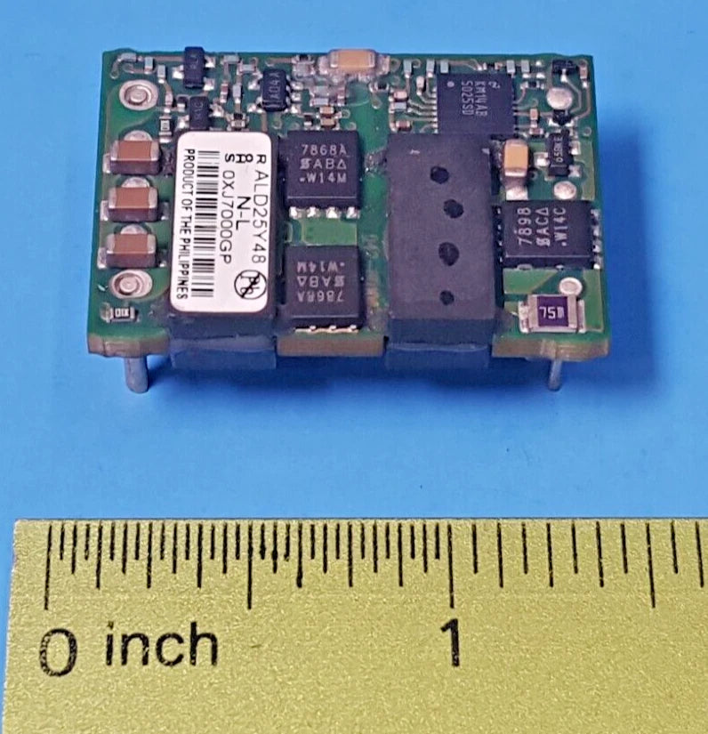 DC-DC converter PCB module with electronic components and mounting holes