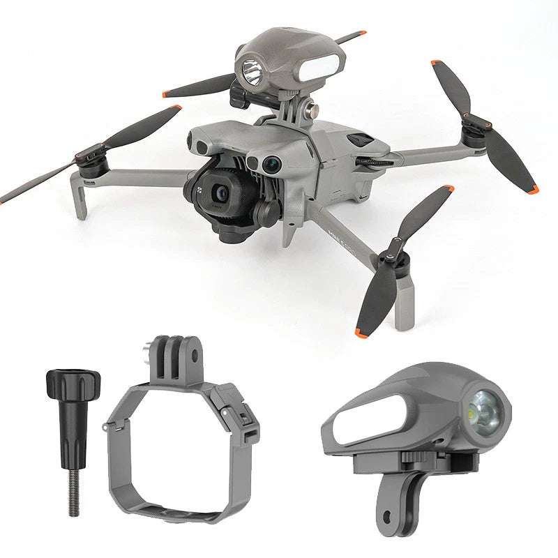Drone searchlight mount accessory kit with bracket and LED light, gray/black