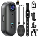Black mini action camera with wide-angle lens, wearable wrist strap and mounts