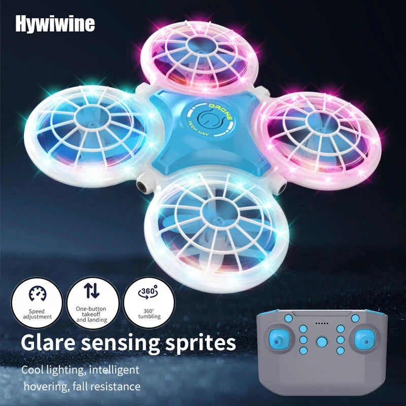 LED-lit mini quadcopter RC drone with four spinning ring propellers