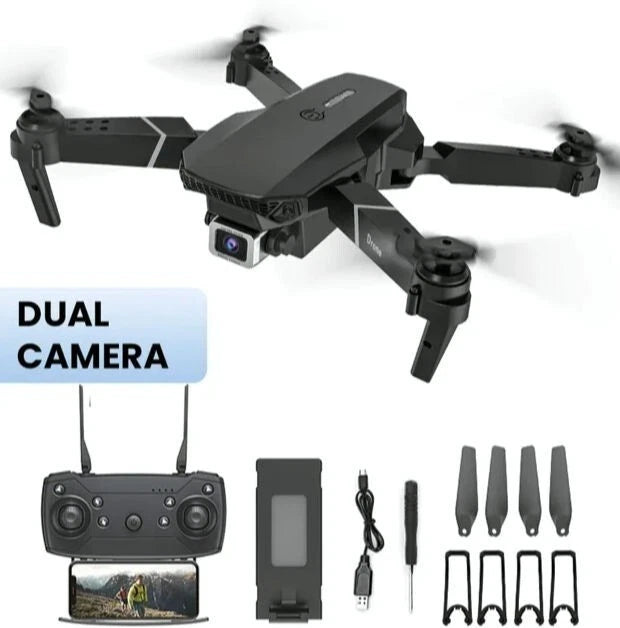 Folding dual-camera drone kit with black body and foldable prop arms, remote control